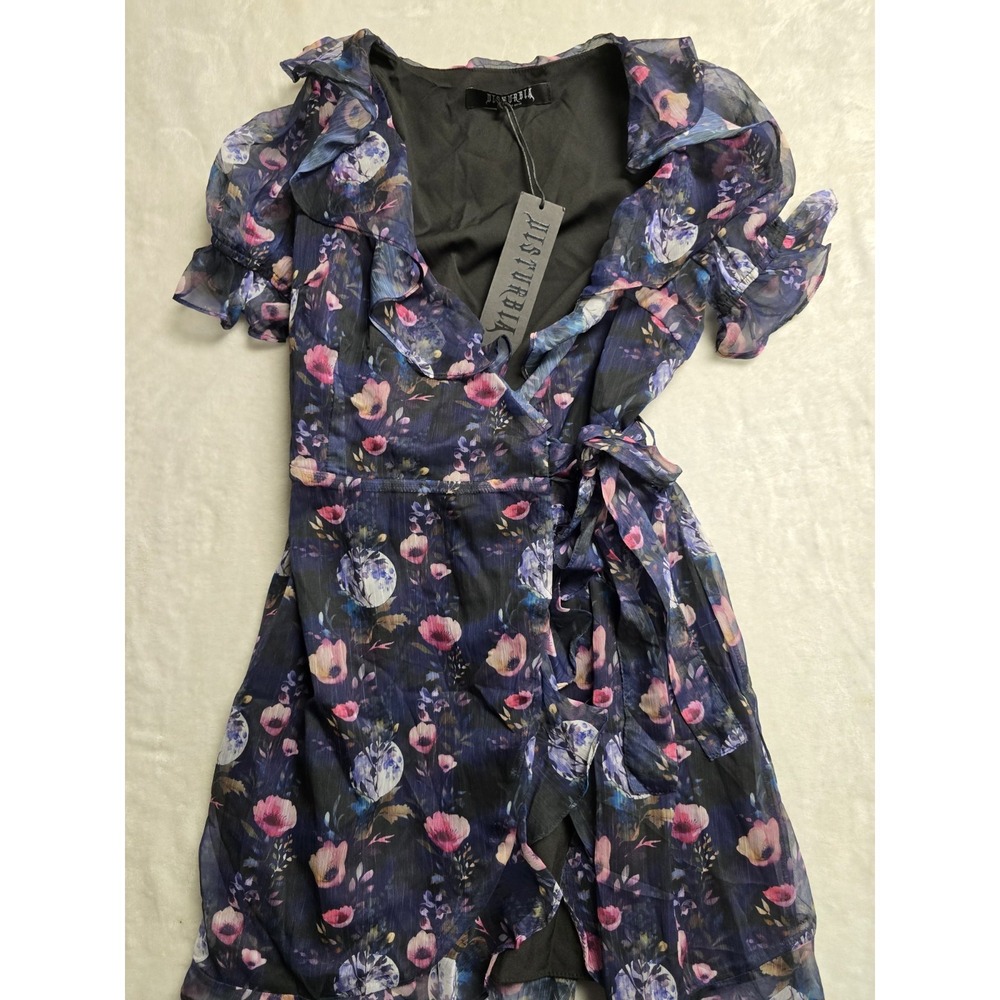 NWT Disturbia Womens Socordia Floral Moon Chiffon Frill Wrap Mini Dress Size 4